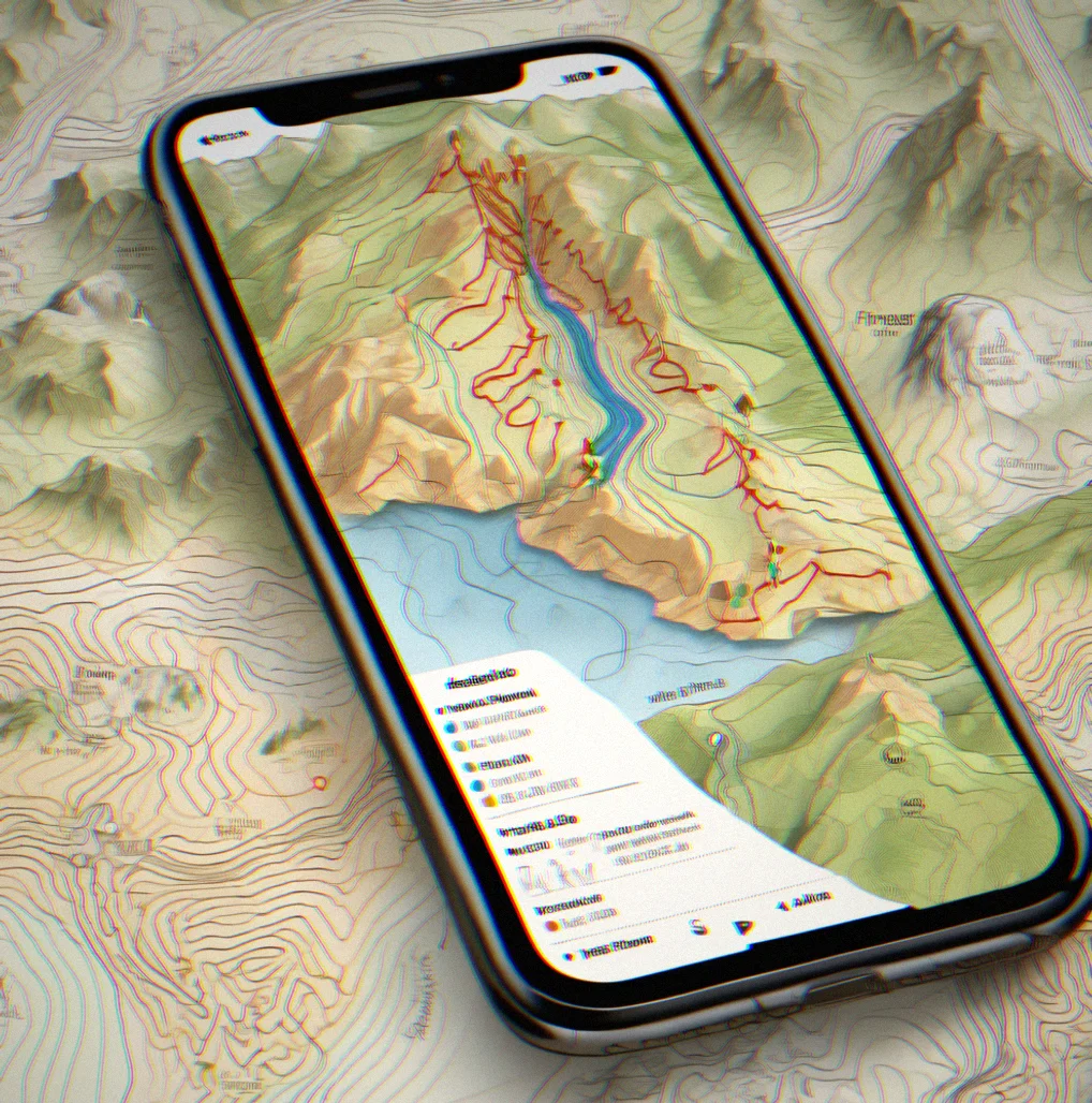 Topographic map displayed on phone screen showing contour lines, water features, and elevation markers in alpine zone