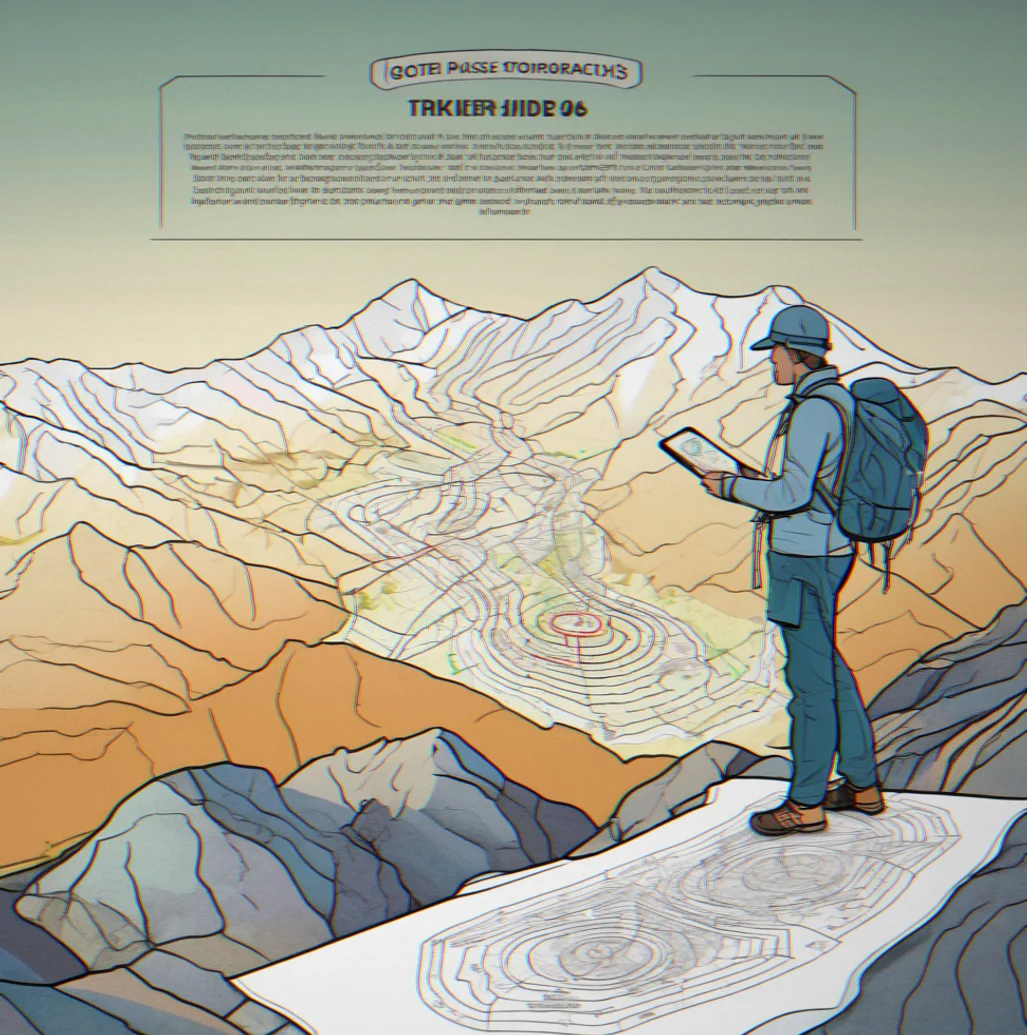 Hiker at high pass looking at printed topographic map and phone simultaneously, comparing routes
