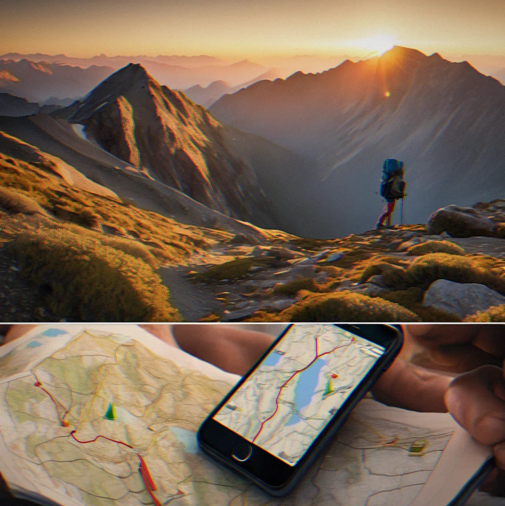 High altitude camp at sunset with phone powered on, no signal bars visible, maps cached and ready