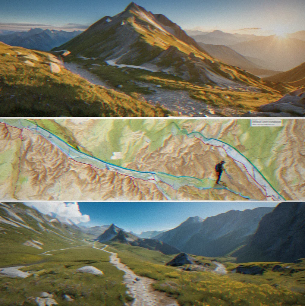 Split screen showing satellite view and topographic overlay zoomed to alpine terrain