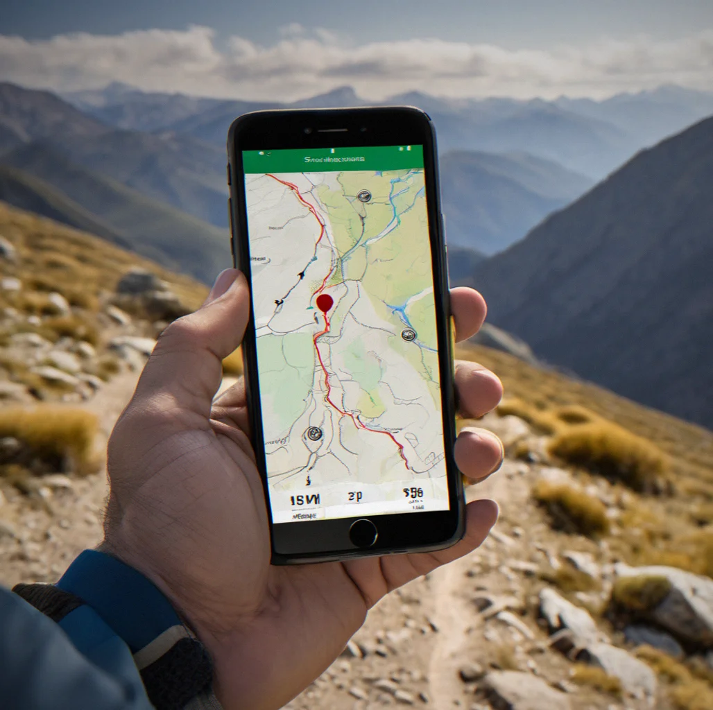 Hiker holding phhone showing next waypoint distance and bearing with surrounding terrain visible in background