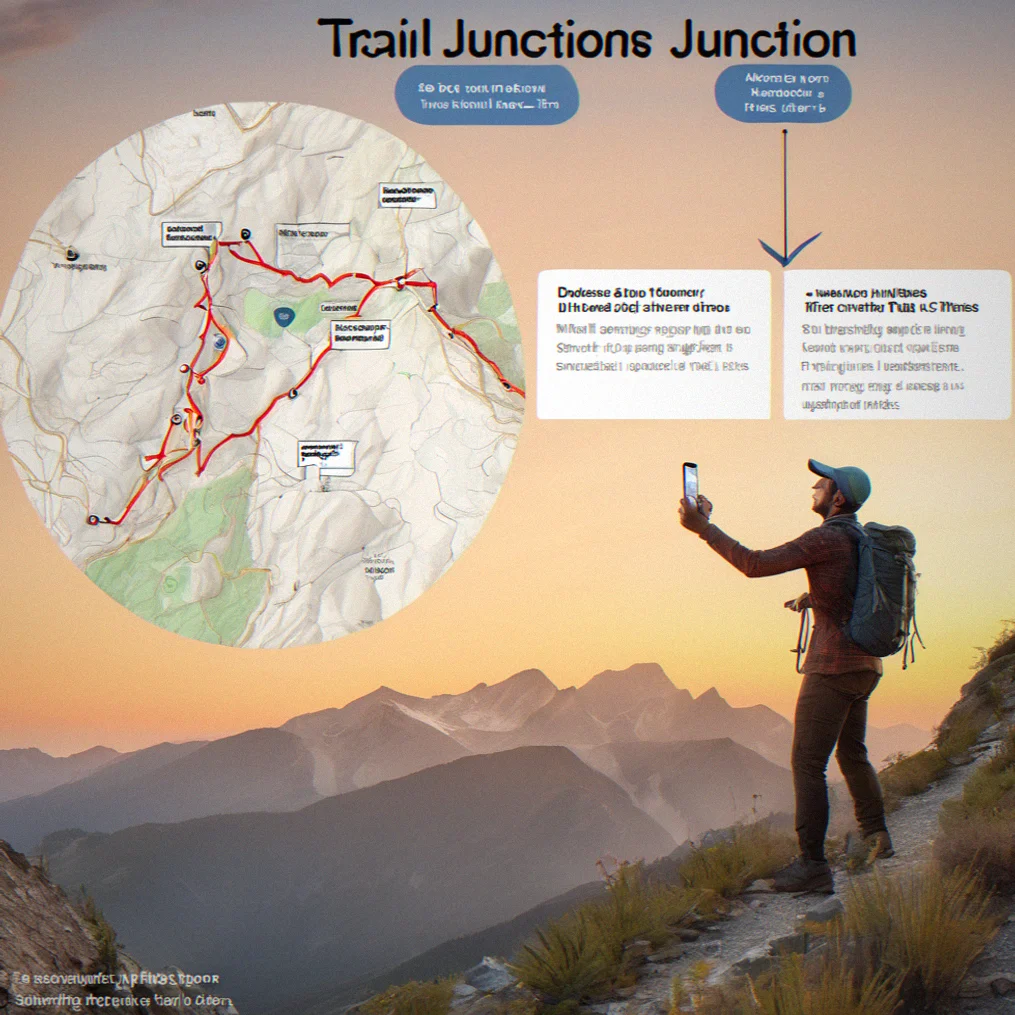 Trail junction at dusk with multiple routes diverging, phone in hand showing cached waypoint ahead