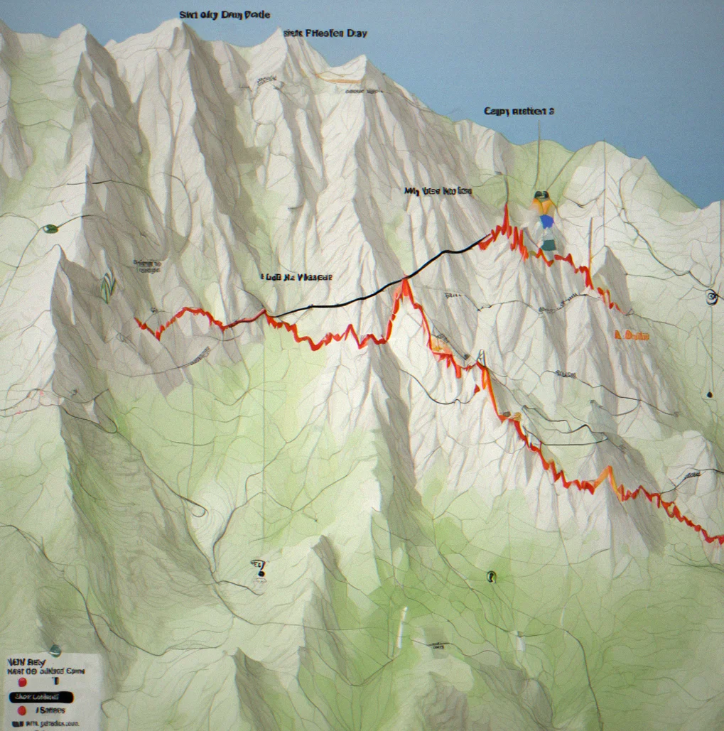 Multi-day elevation profile graph with cumulative gain bars and waypoint markers indicating camp locations