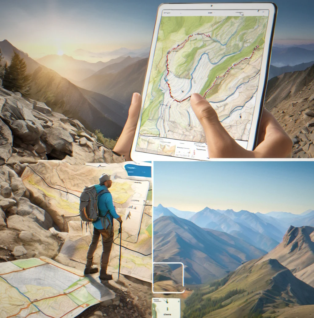 Hiker at ridge crossing with topographic map in one hand and phone showing custom waypoint planning interface in the other