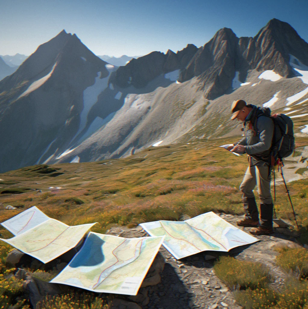 Hiker studying topographic map at high alpine pass with ridge line visible in morning light