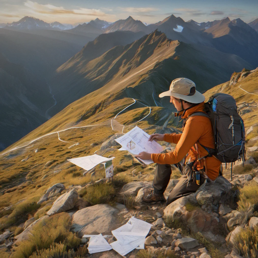Trail junction at high elevation with multiple cairned routes diverging, hiker consulting phone showing cached waypoitn notes